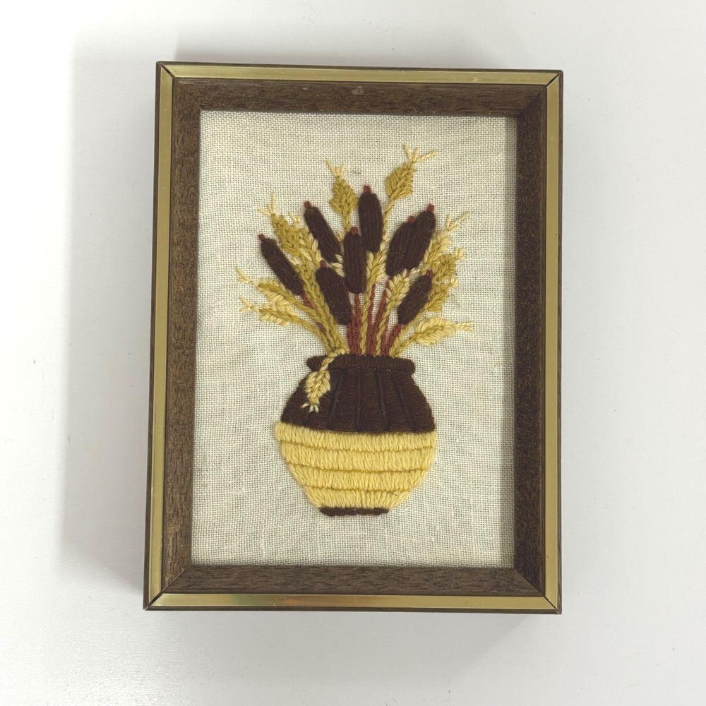 Vintage Crewel Embroidery Cattails Wheat Framed Wall Art 7.5x5.5